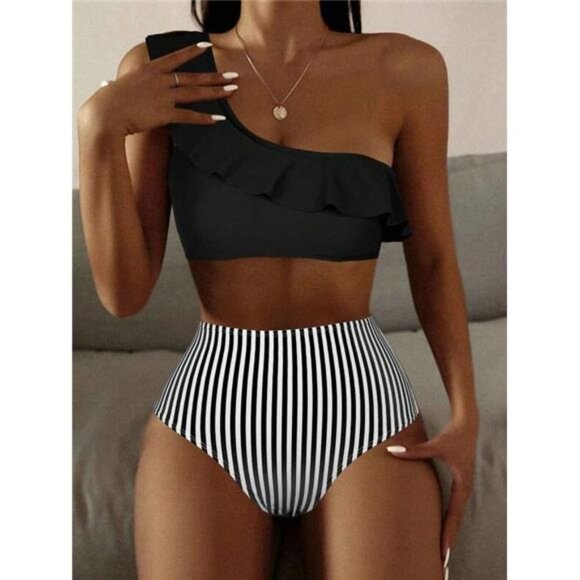 Ruffle Trim One Shoulder Bikini Swimsuit - Picture 1 of 5